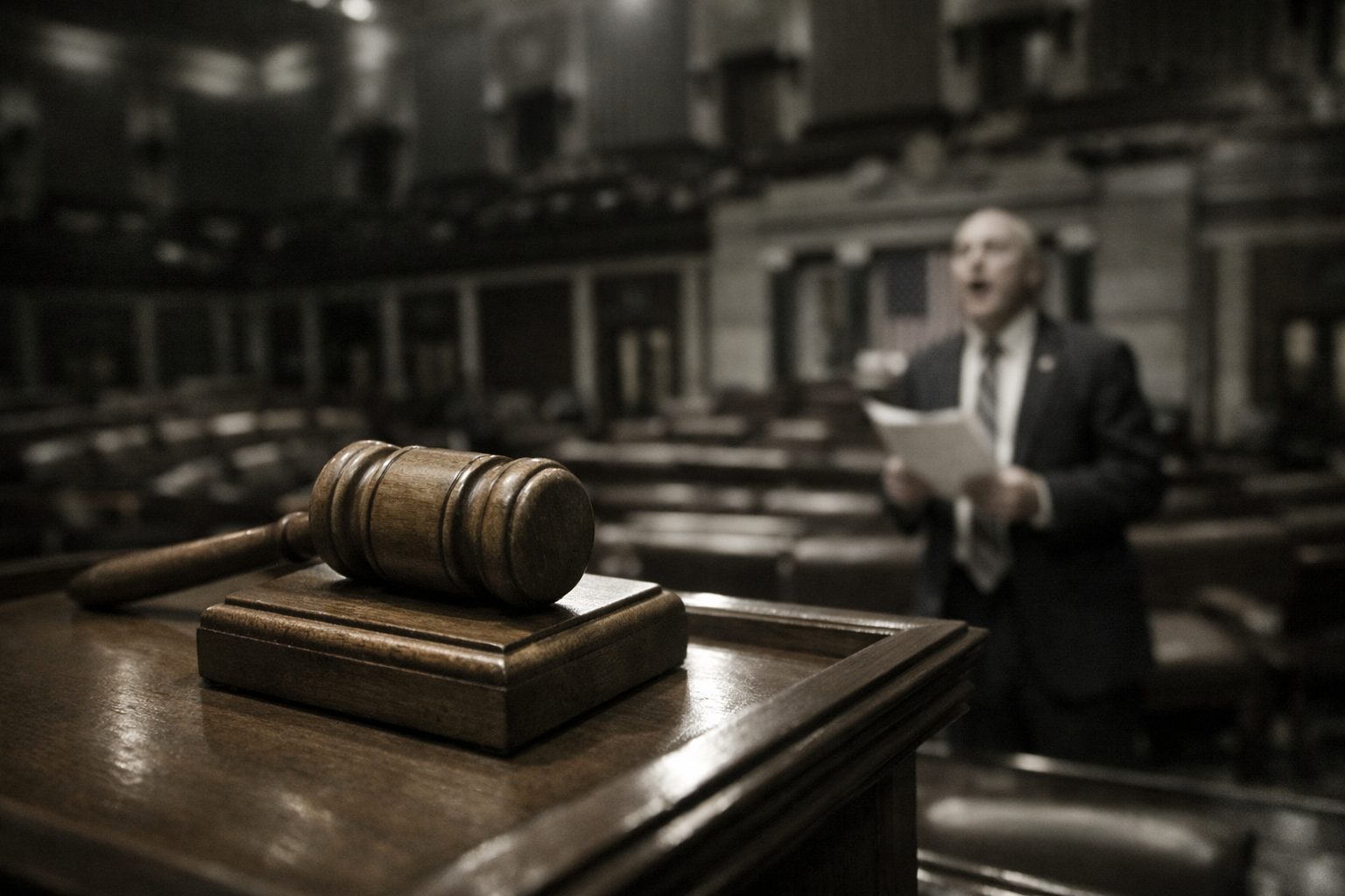 Empty House chamber, gavel resting, congressman mid-word