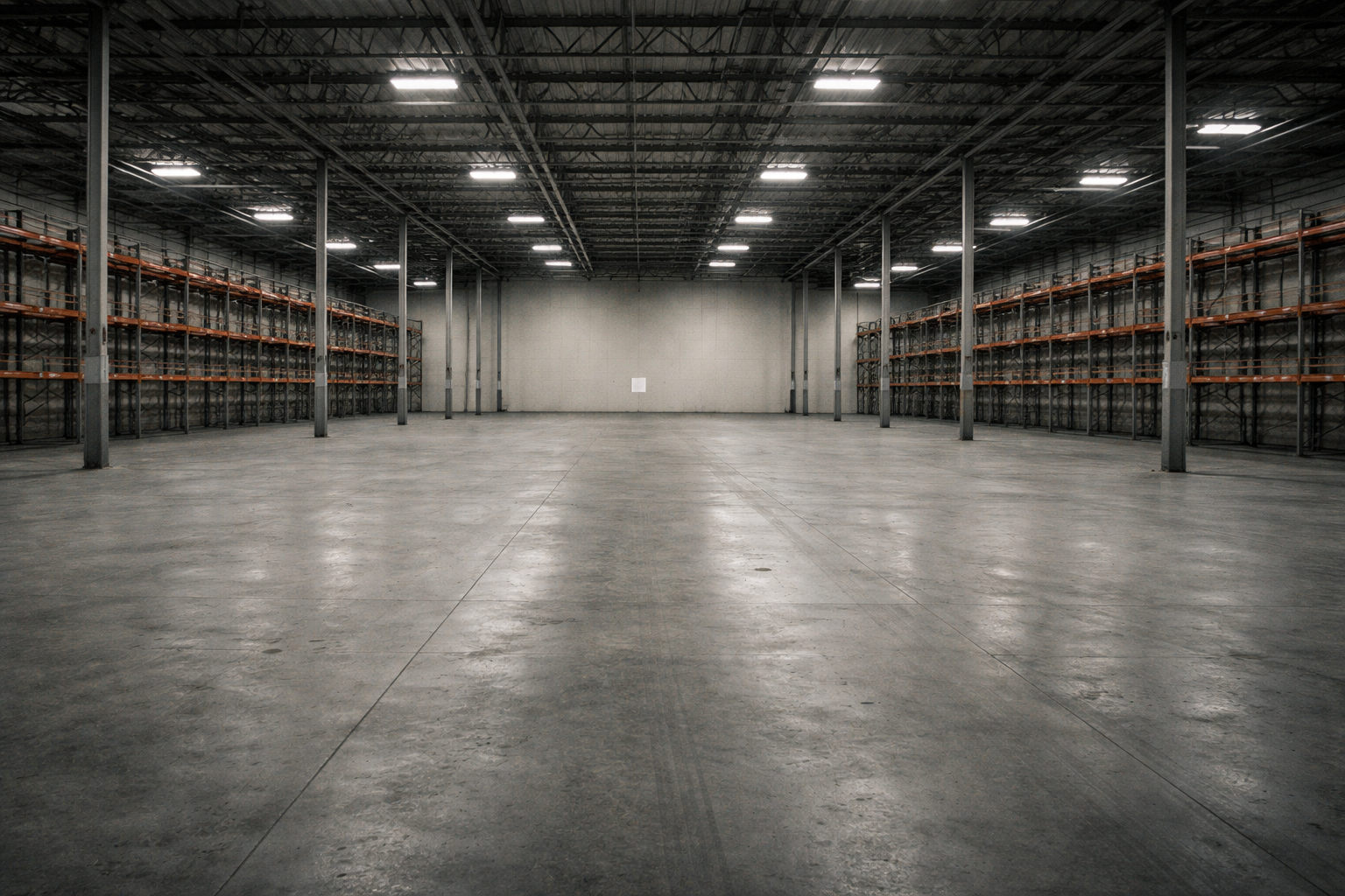 Enormous empty government warehouse interior